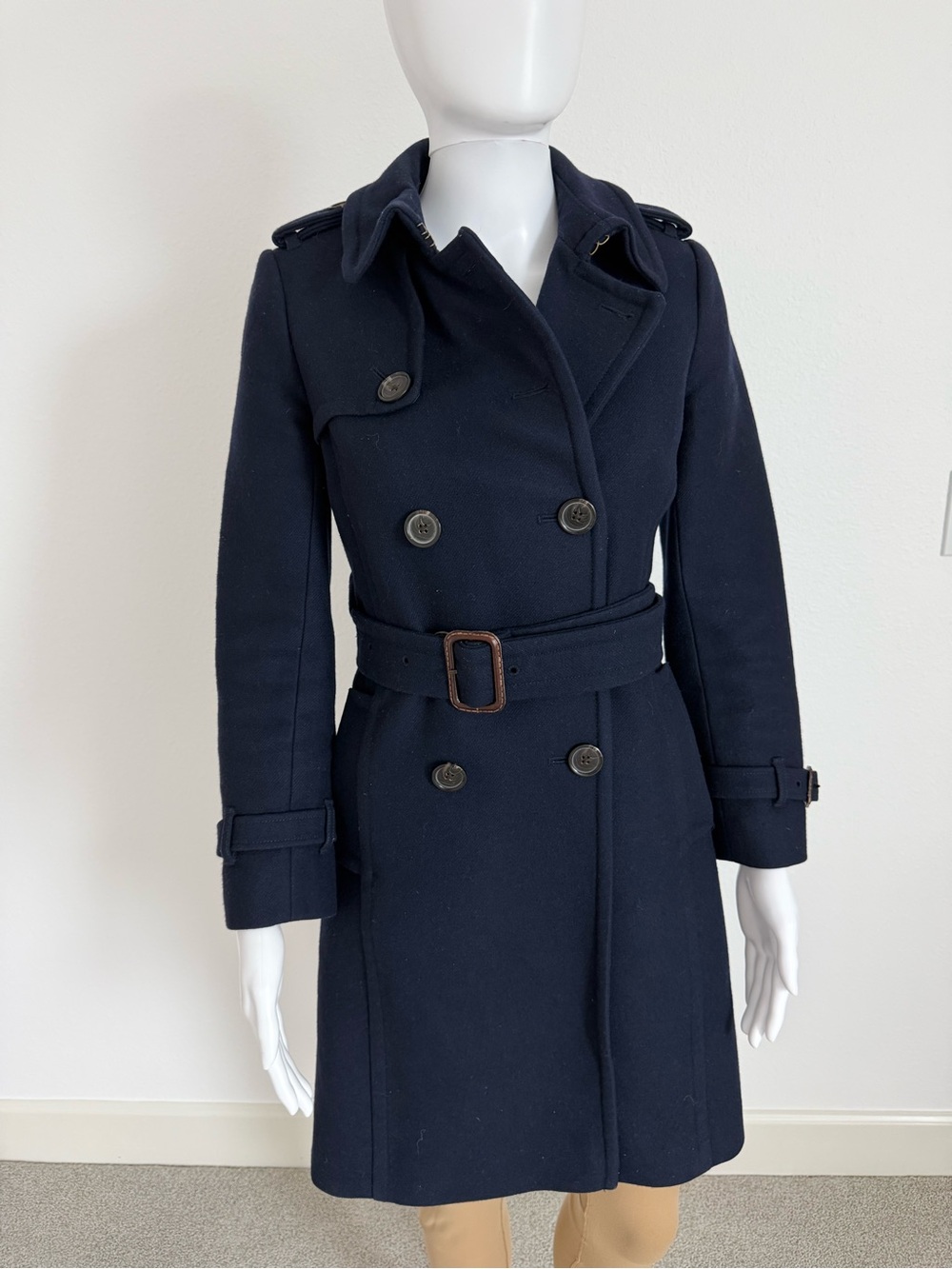 Classic Navy Double-Breasted Wool Cashmere Blend Icon Trench Coat with Belt